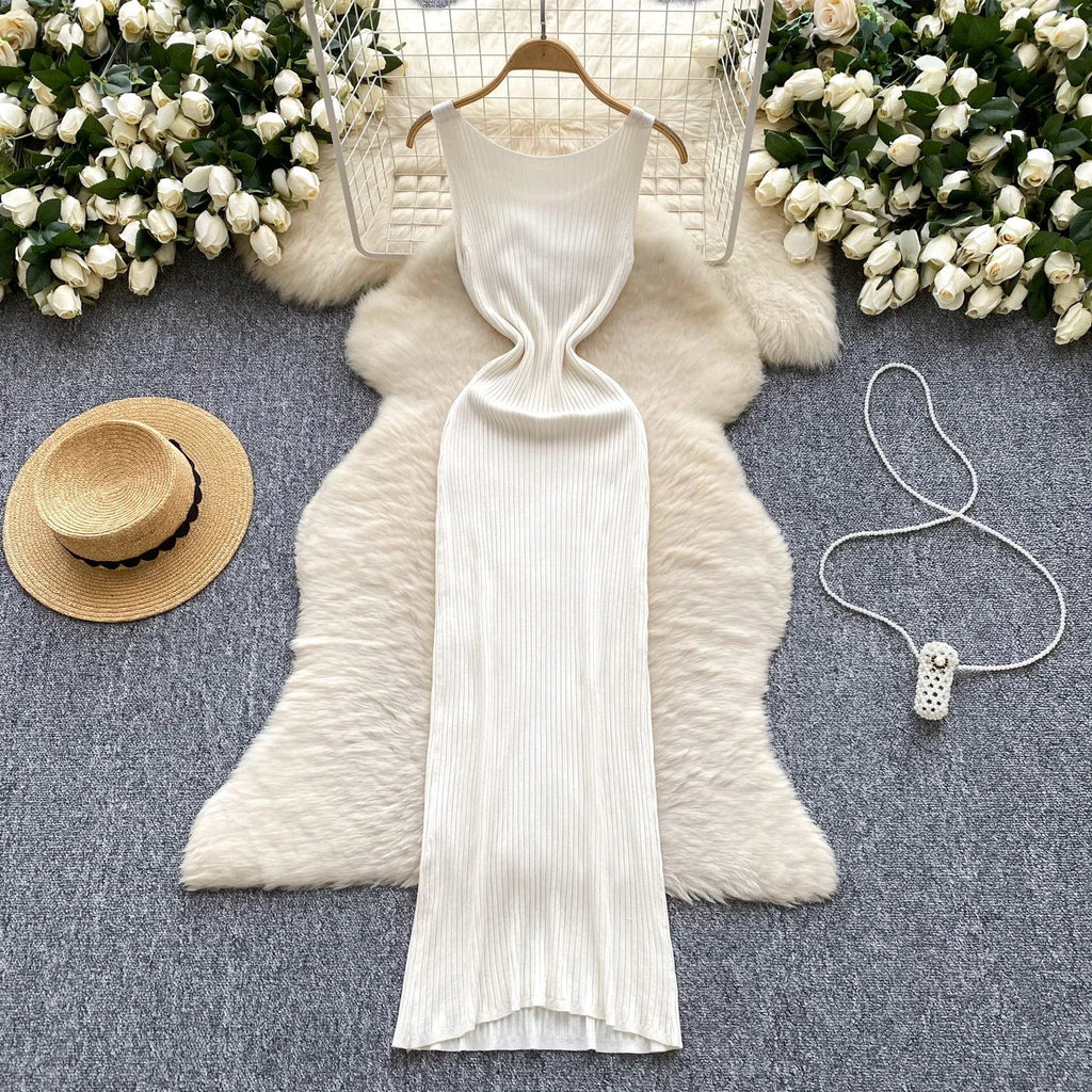 Knit Maxi Dress Women Sleeveless O Neck Bodycon Solid