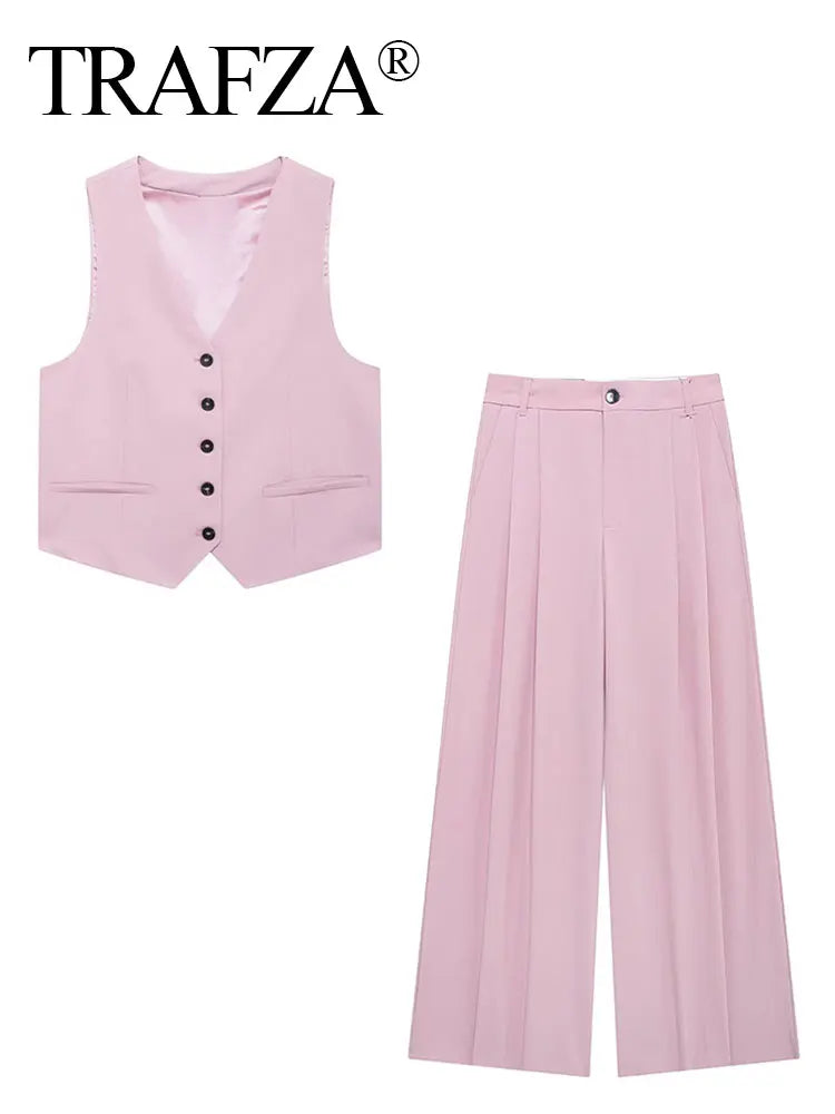 Women Solid Pant Sets with Adjustable Back Strap and V-Neck Vest High Waist Trousers Fashion Outfit