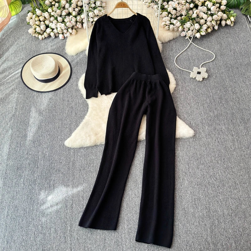 Cozy Knitted Two-Piece Women's Tracksuit Set with V-Neck Sweater and Straight Jogging Pants Autumn Winter Lounge Wear