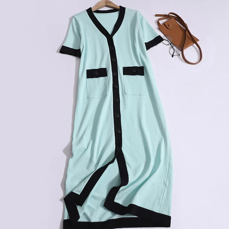 Women Knit V Neck Patchwork Pocket Dress Mid Length Summer