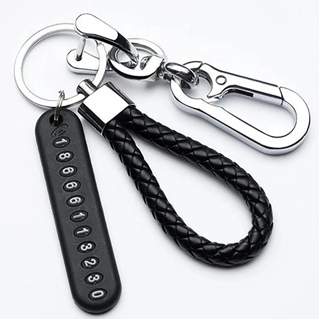Trendy DIY Mobile Phone Number Plate Keychain for Men with Woven Leather Rope and Anti-Lost Design