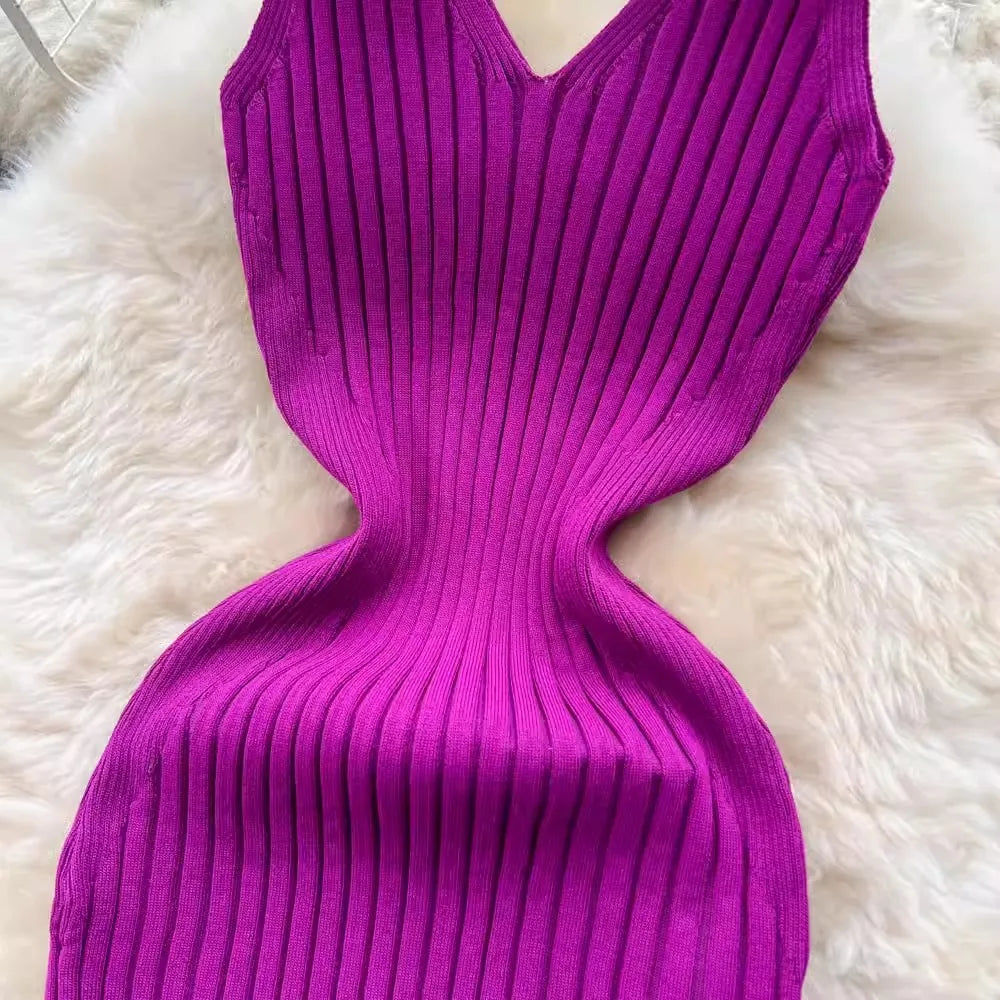 V Neck Knitted Bodycon Dress Solid Casual Elegant Wear