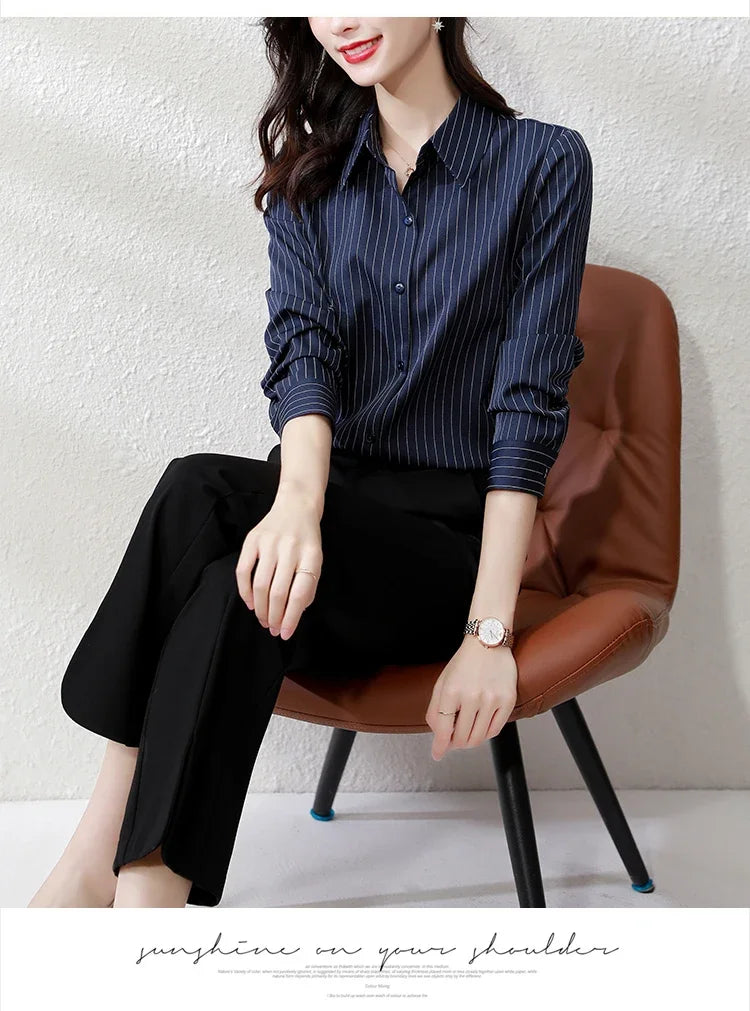Striped Long Sleeve Women Shirt Button Up Blouse Lightweight Chiffon Tops Elegant Casual Office Wear