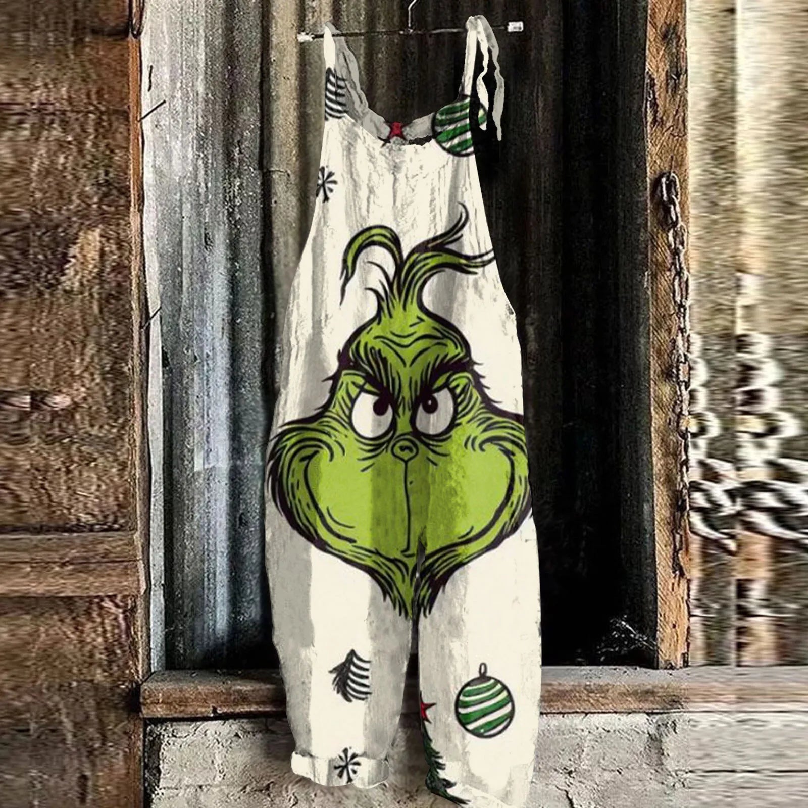 Kawaii Cartoon Print Casual Loose Vintage Strappy Jumpsuit Women's Fashion Festival Pants with Christmas Theme