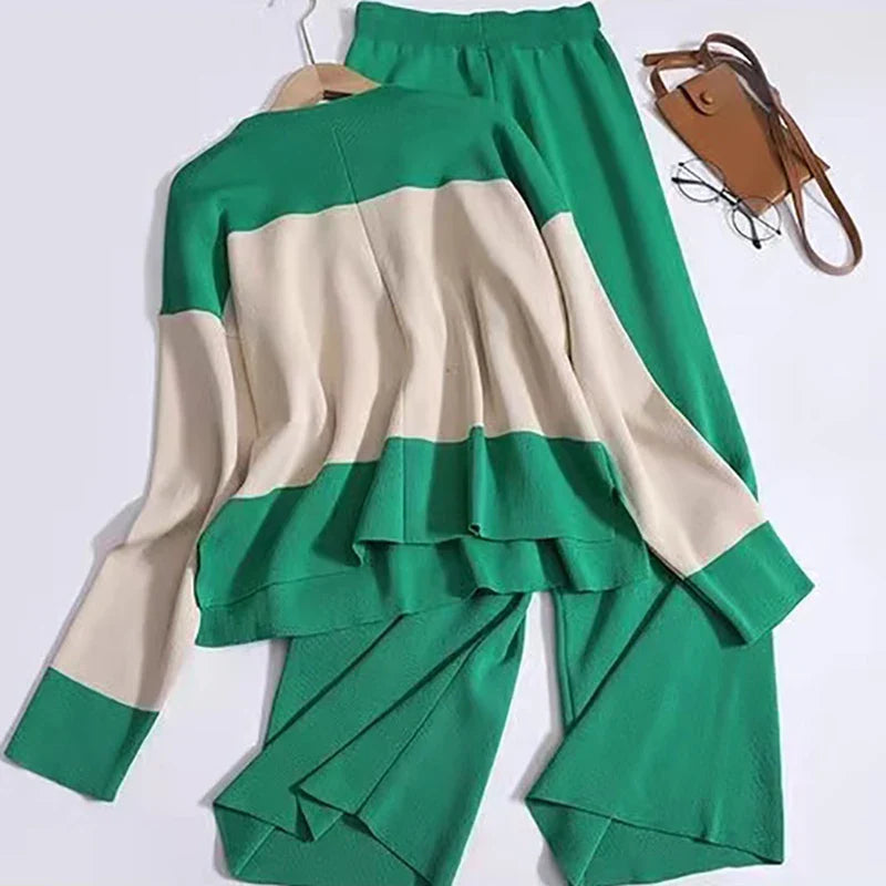 Spring Women Knitted Sweater Set Casual Pullover and Pant Outfit with Color Contrast Block Design
