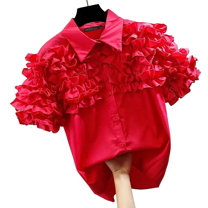 Women's Ruffle Trim Short Sleeve Blouse with Turn-Down Collar Casual Button-Up Solid Color Shirt