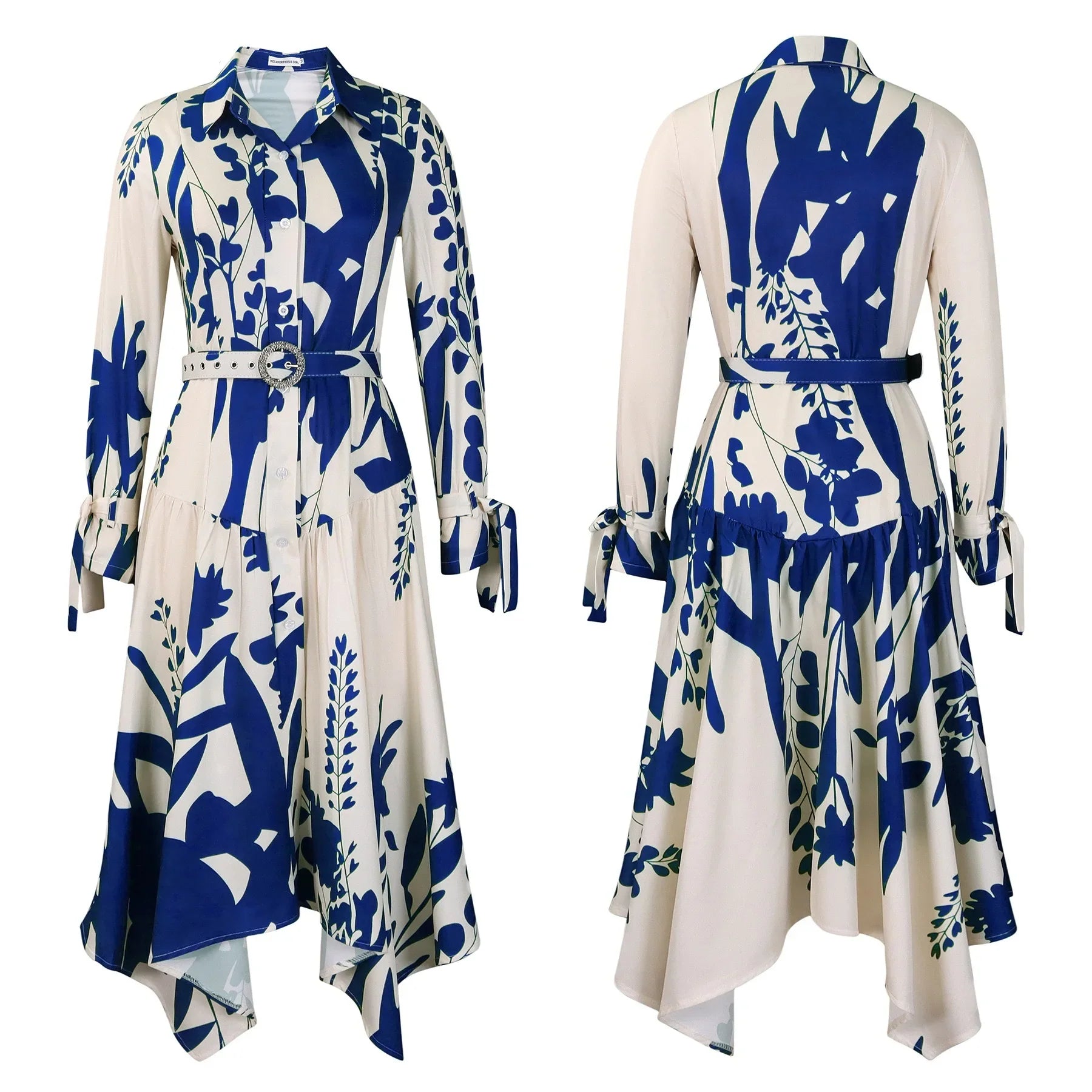 Printed Dress For Women Elegant Turn Collar Ankle Length