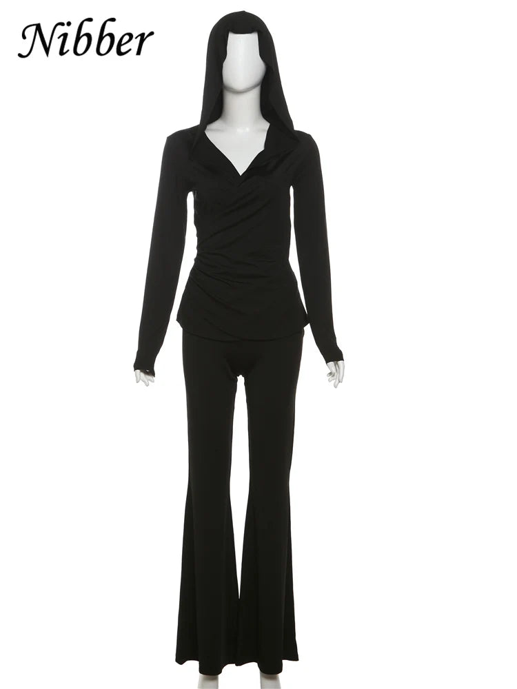 Elegant Two Piece Set for Women with Hooded Low Neck Long Sleeve Top and Solid Flared Pants Casual Trendy Outfit