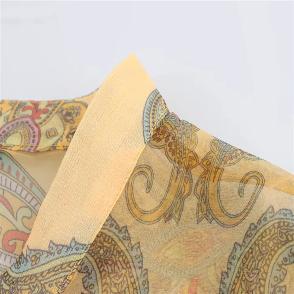 Womens Sheer Chiffon Blouse with High Neckline Puff Long Sleeves and Paisley Print Button Front Design