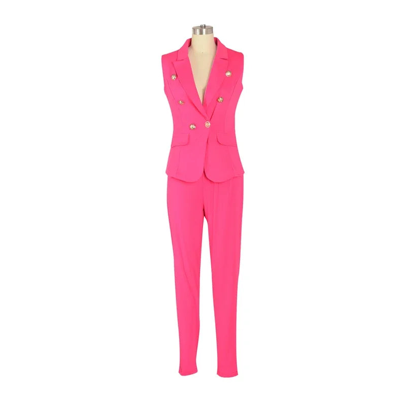 Elegant Women's Two Piece Pant Suit Set with Sleeveless Blazer and Pencil Pants for Office and Business Wear