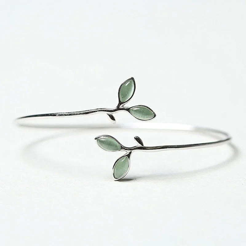 925 Sterling Silver Bangle with Green Opal Leaf Design for Women - Elegant Twigs Branch Jewelry Gift