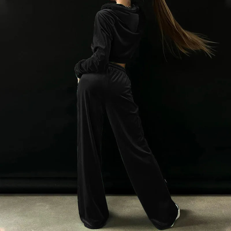 Velvet Tracksuit Women Two Piece Set with Zipper Crop Coat and Long Pants Casual Outfit