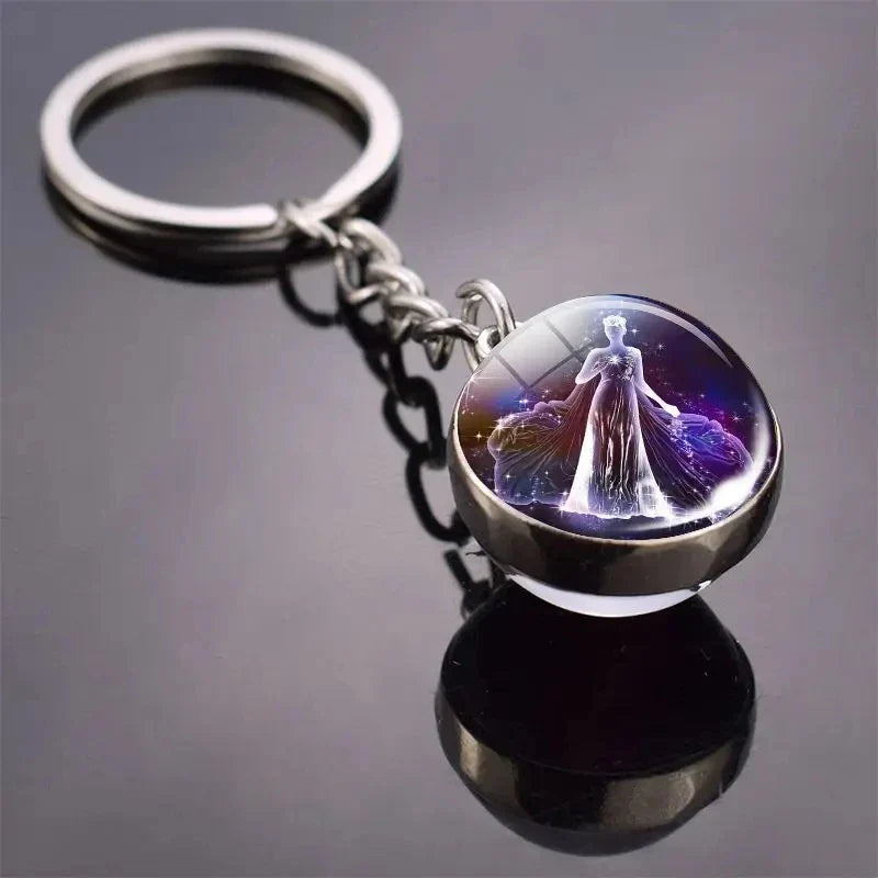Luminous Zodiac Key Chain Double Sided Glass Ball Pendant for Men and Women Birthday Gift