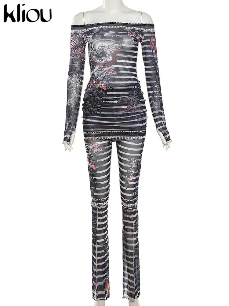 Mesh Trend Print 2 Piece Set for Women with Hipster Slash Neck Full Sleeve Top and Matching Slim Fit Pants