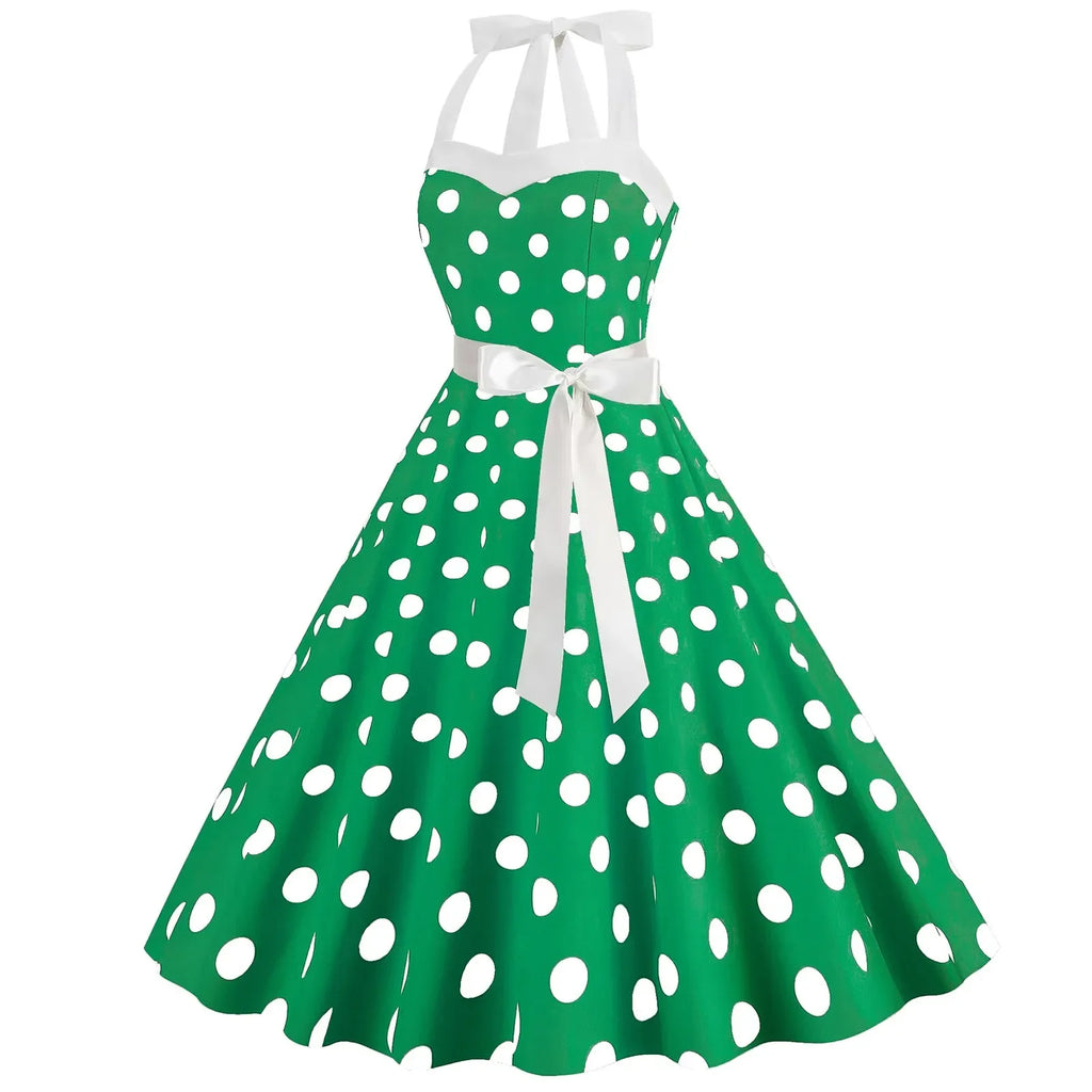 Ladies Vintage Polka Dot Backless Lace Up Swing Dress