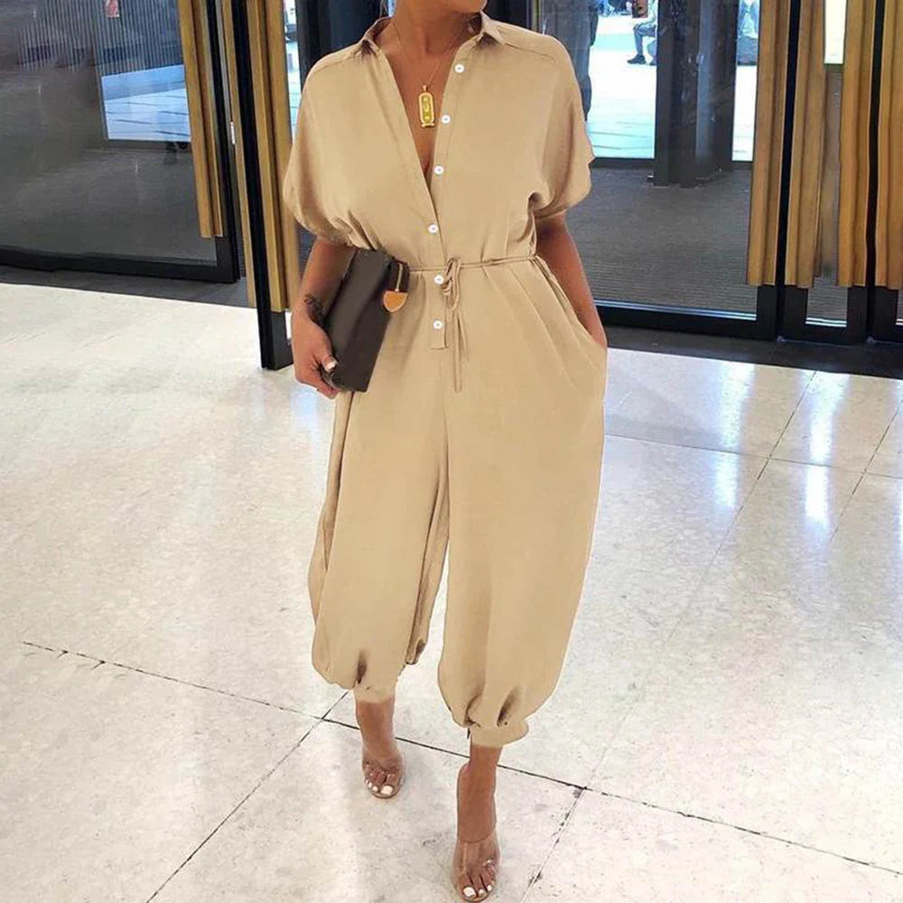 High Waist One Piece Short Sleeve Jumpsuit for Women Casual Summer Bodysuit with Long Pants and Lace-Up Closure Relaxed Fit Playsuit Trousers