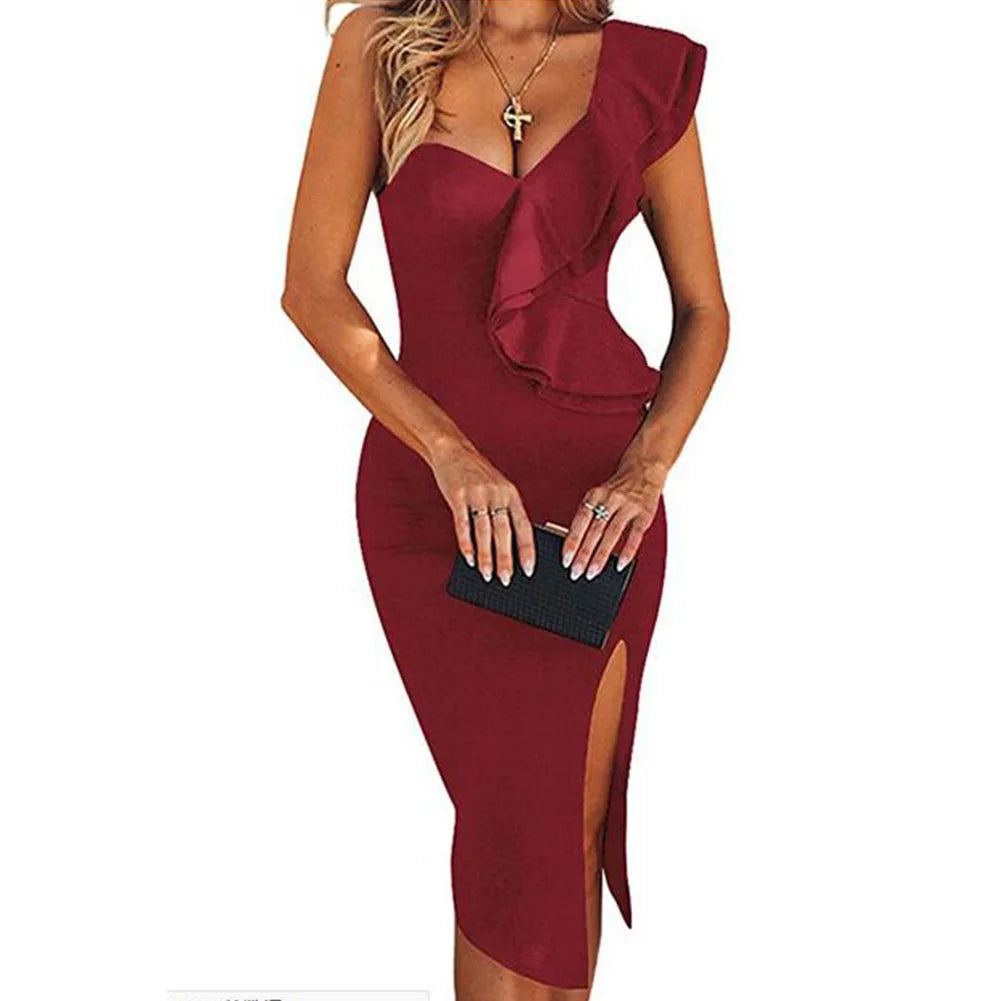 Black Ruffle Bandage Dress One Shoulder Bodycon Party Dress