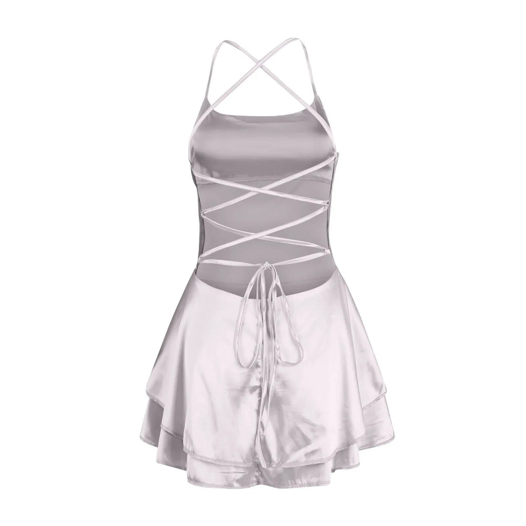 Backless Satin Party Dress With Cowl Neck Spaghetti Straps