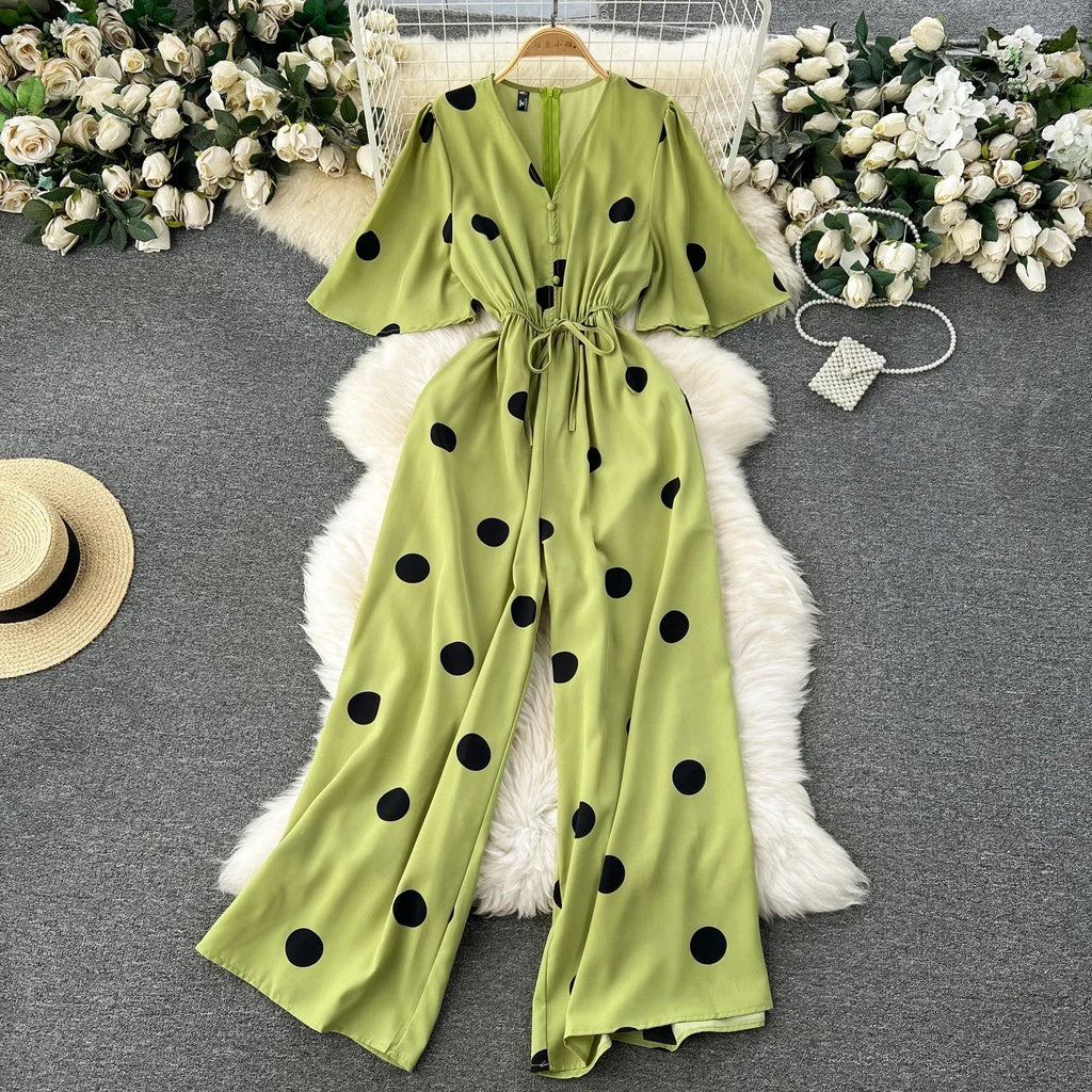 Women Wide Leg Polka Dot Jumpsuit with V Neck Dolman Sleeves and Slim Waist Design