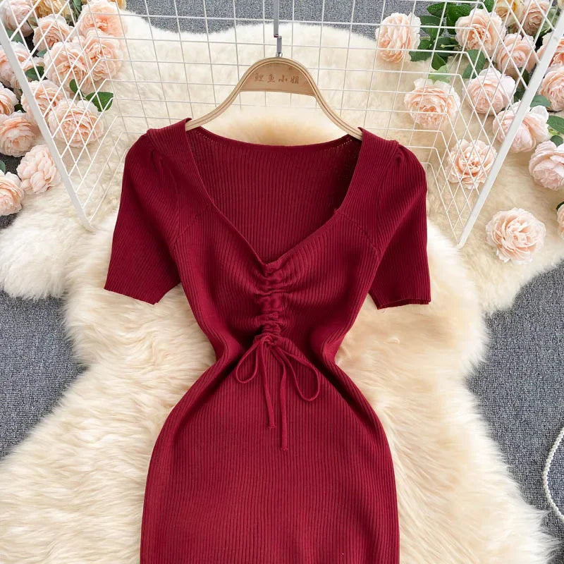 Korean Knit Bodycon Dress V Neck Drawstring Short Sleeves
