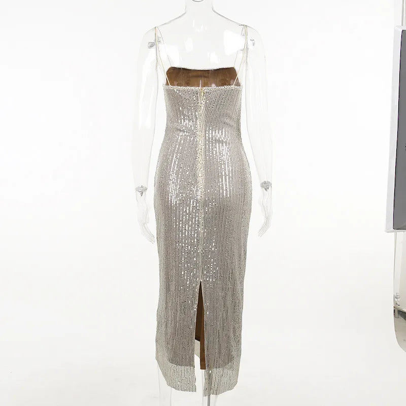 Backless Sequin Maxi Dress for Evening Party Wear Glam