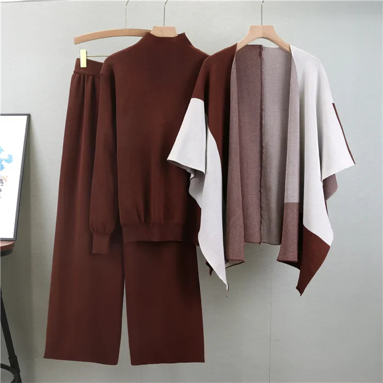 Elegant Knitted Three-Piece Suit for Women - Cozy Autumn Winter Knit Top with Wide Leg Pants and Stylish Shawl Set
