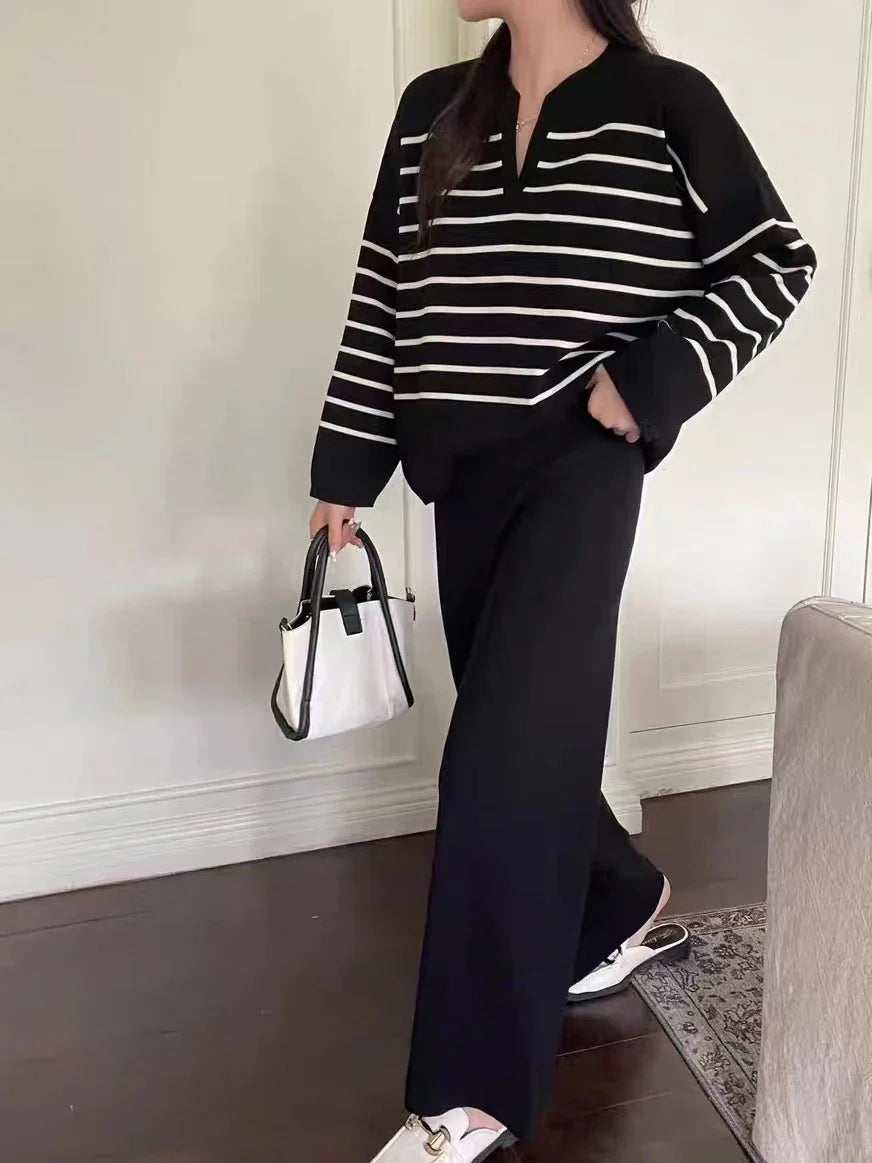 Women's Winter Sweater Set with Stripe Knit Pullover and Wide Leg Pants for Casual Elegance