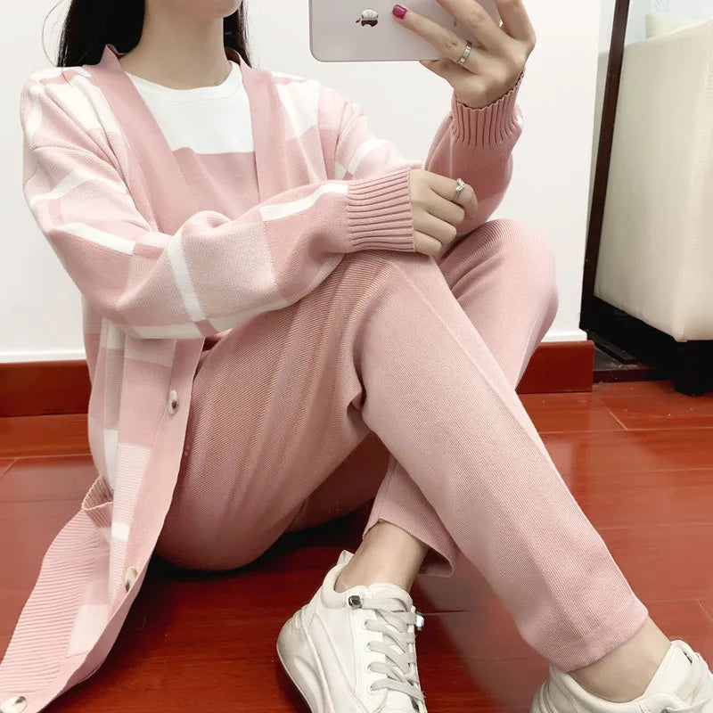 Autumn Winter Women's Plaid Knit Tracksuit Set with Cardigan Sweater Coat, Short Sleeved Top, and Solid Harem Pants