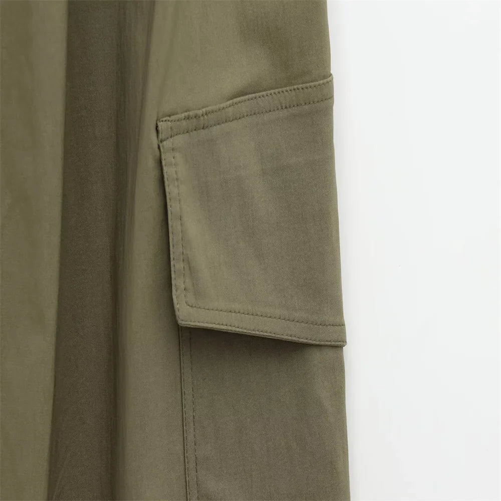 Olive Green Cowl Neck Asymmetric Zip Jacket with Elastic Waist Wide Leg Cargo Pants Set for Trendy Women's Fashion