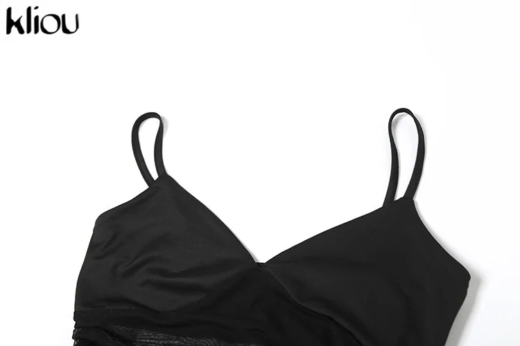 Mesh Spaghetti Strap Patchwork Maxi Dress Low Neck