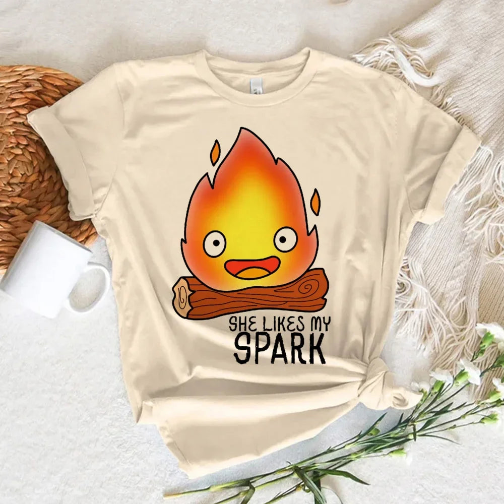 Calcifer Top Women Summer Harajuku T Shirt Japanese Manga Casual Y2K Tee