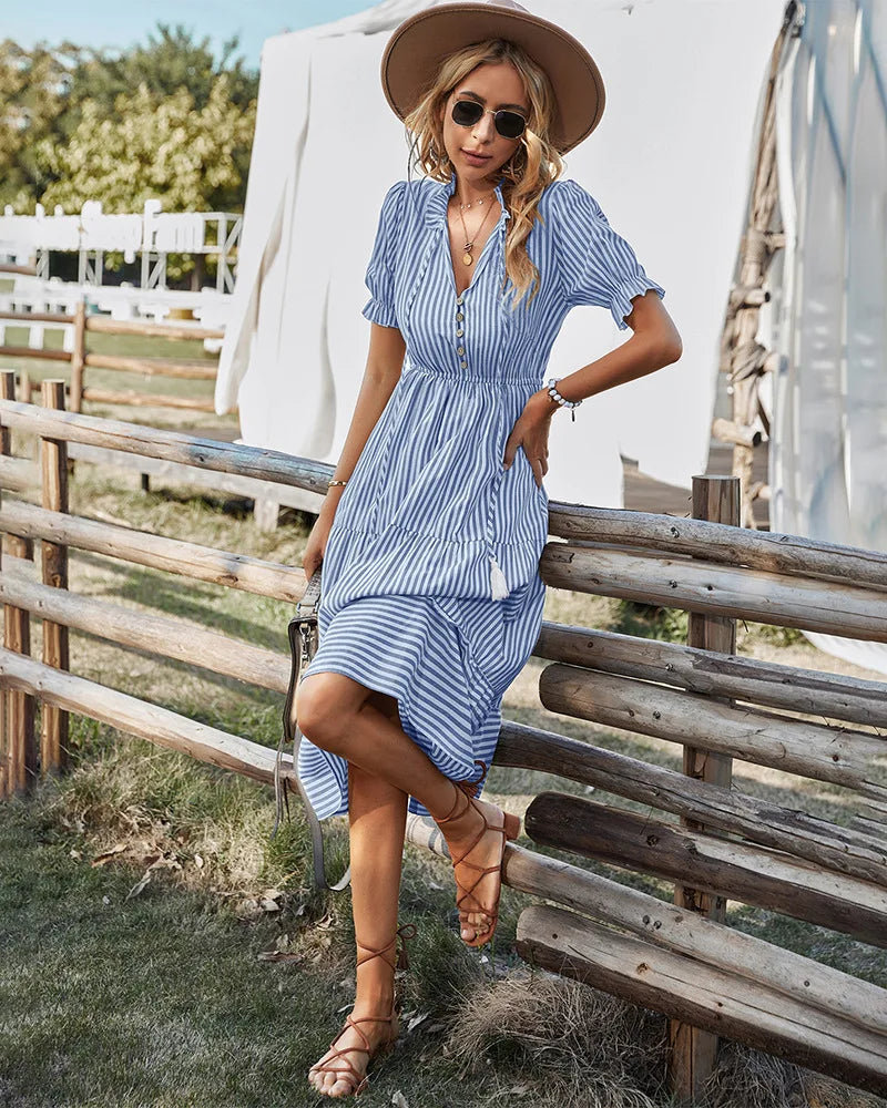Striped Lantern Sleeve Midi Dress With V Neck Ruffles