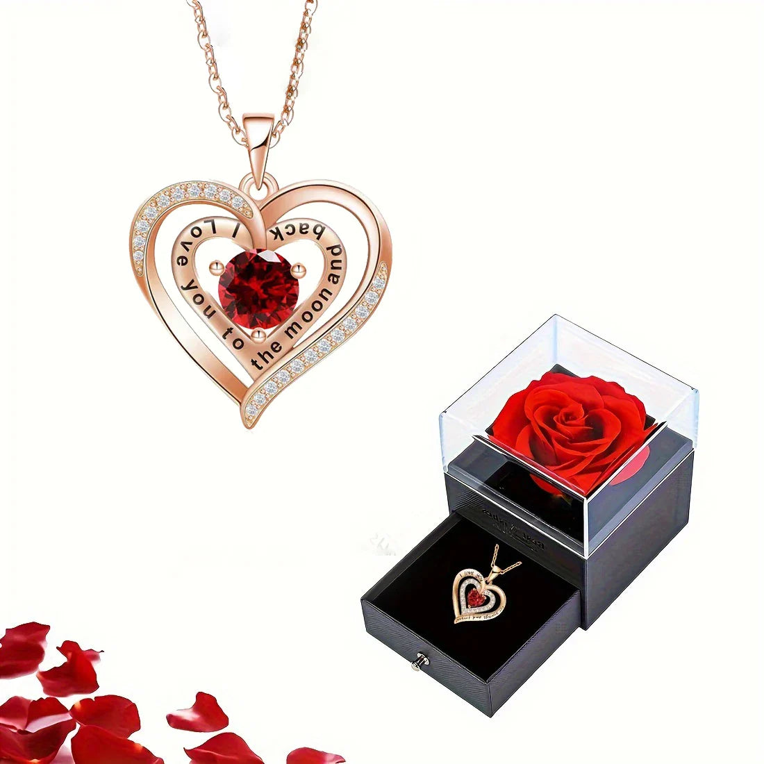 Luxury Red Zircon Pendant Necklace with Rose Flower Gift Box for Girlfriend Romantic Jewelry Gift