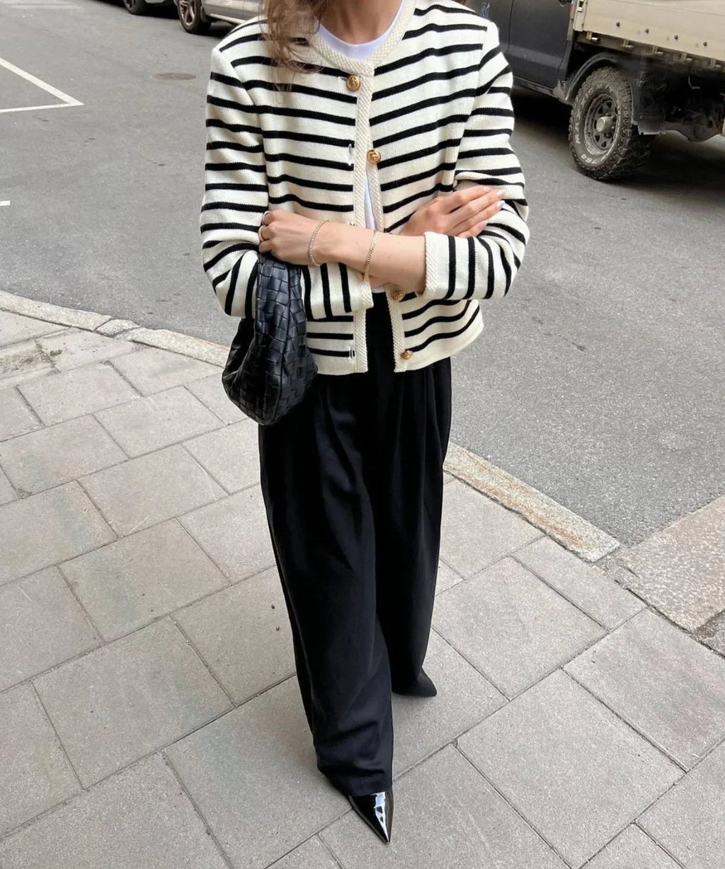 Autumn Striped Single Breasted Knit Cardigan and Shorts Two Piece Set for Women Elegant Sweater Top and Matching Bottoms Stylish Streetwear Outfit