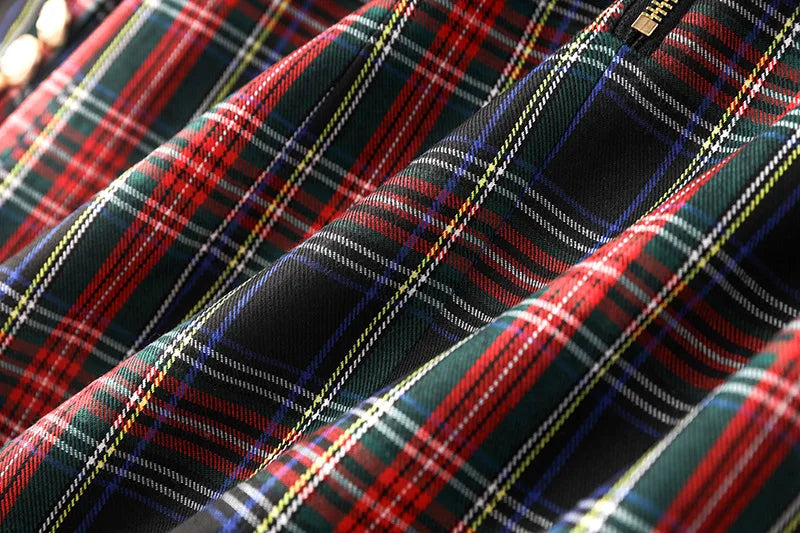 Black Red Plaid Blazer Dress With Belt For Office Women