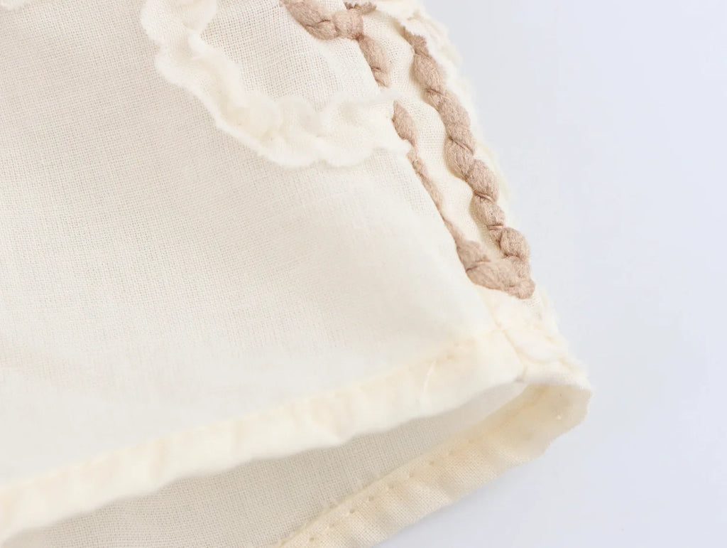 Womens Flower Embroidered Cropped Blouse Loose Tassel Lantern Sleeve Round Neck Chic Top