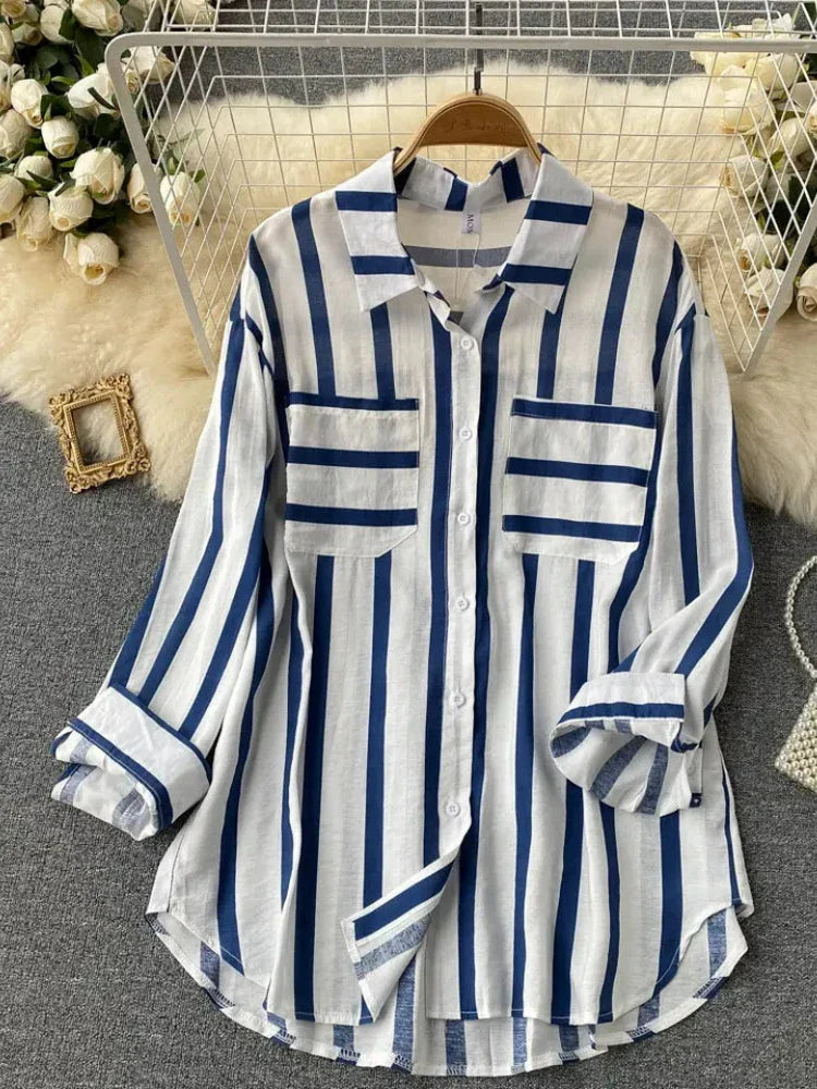 Elegant Medium Length Vertical Stripe Shirt Jacket for Women Casual Loose Fitting Korean Style Blouse