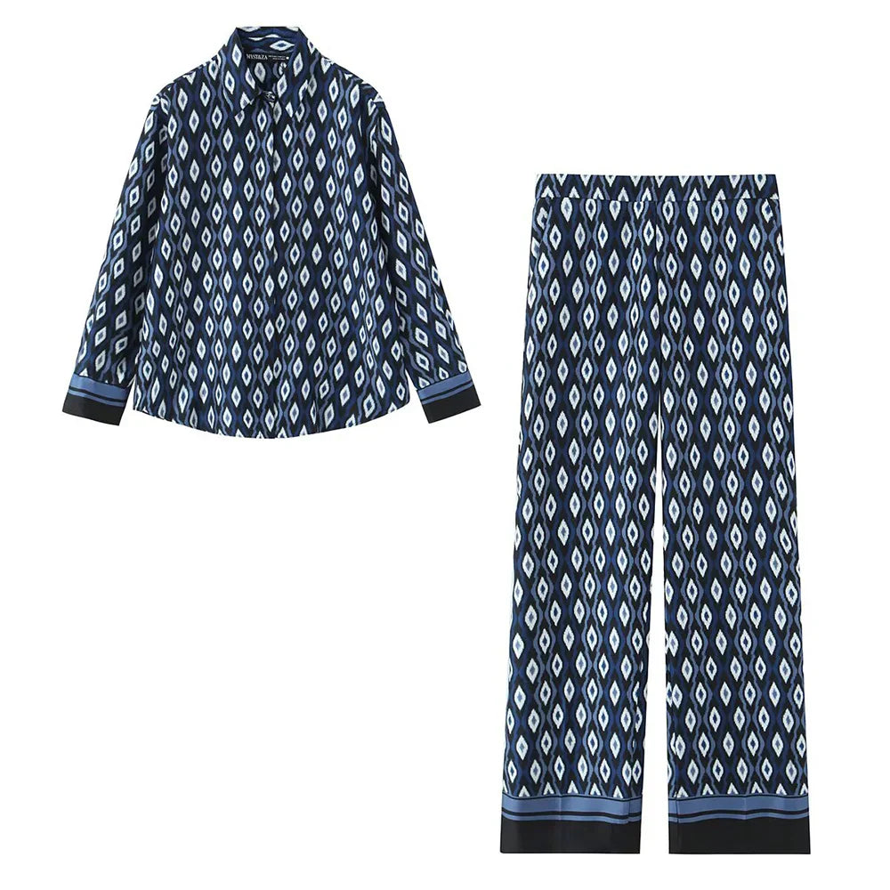 Women's Geometric Pattern Printed Shirt and Pants Set with Long Sleeve Top and Stylish Trousers