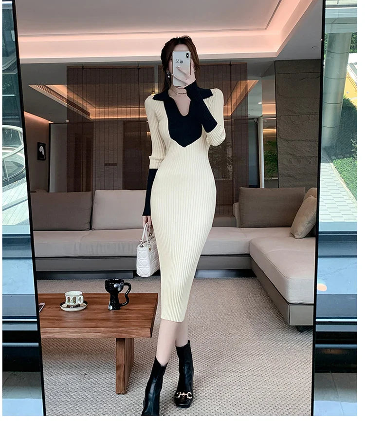 Korean Style Knit Dress Long Sleeve Color Block Lace