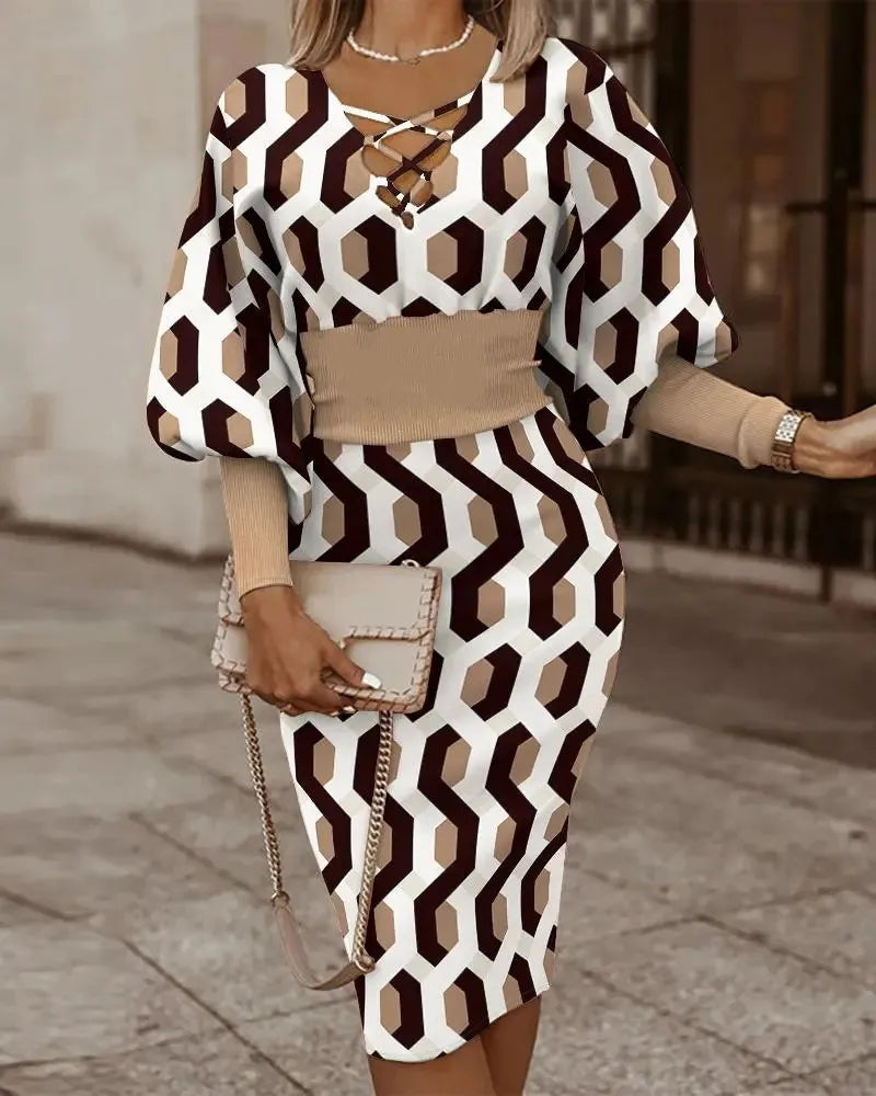 Elegant Color Block Bodycon Dress With V Neck Midi