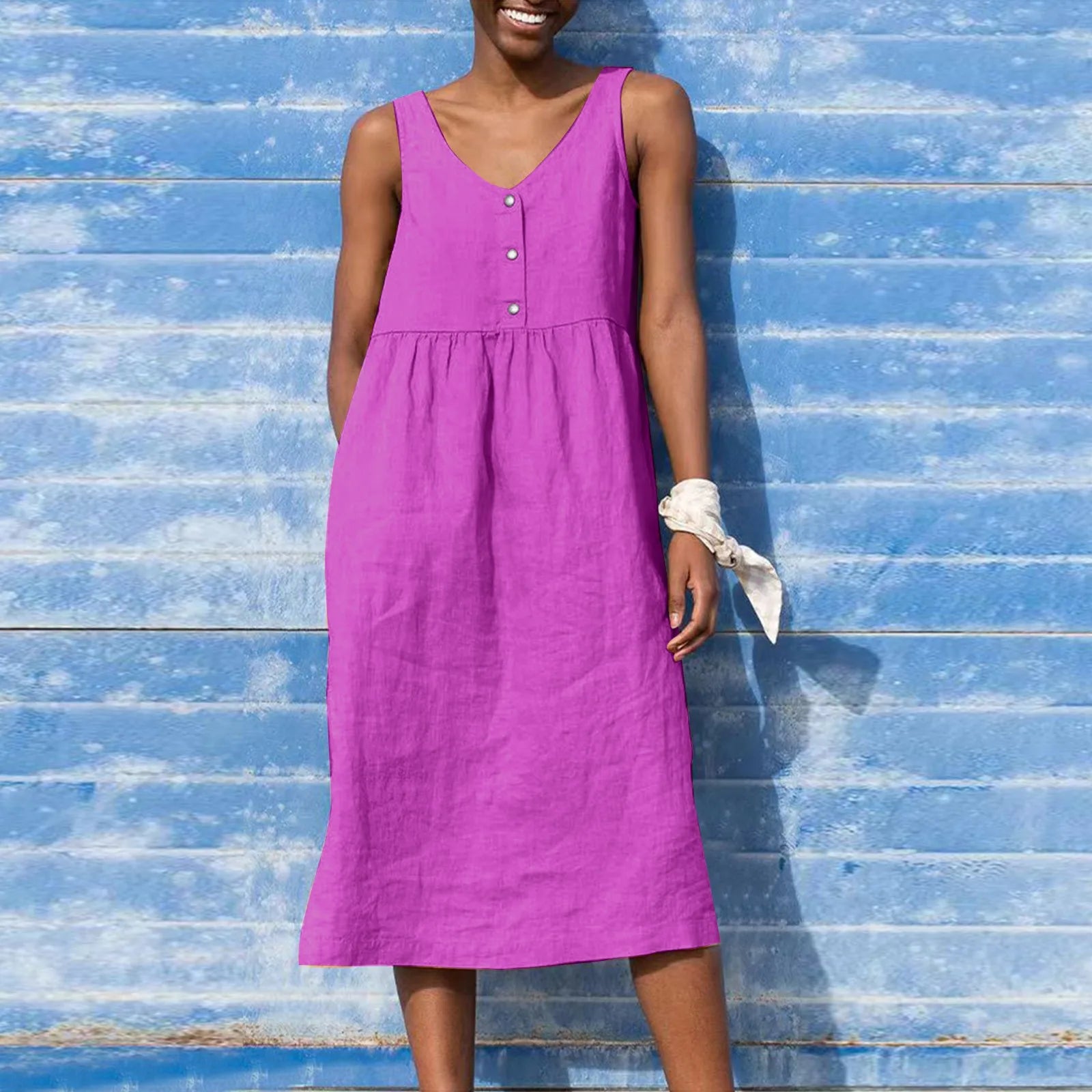 Boho Cotton Linen Sleeveless Dress For Women Summer Holiday