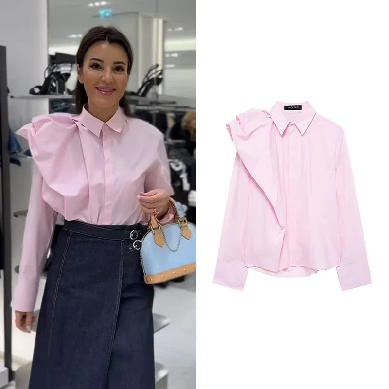 Women Long Sleeve Blouse with Turn Down Collar Pink Spring Top Chic Shoulder Design Office Shirt for Ladies