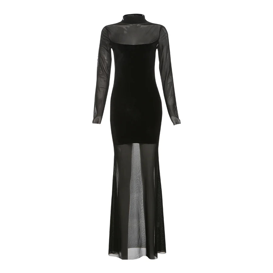 Mesh Patchwork Velvet Sheer Dress Long Sleeve Bodycon