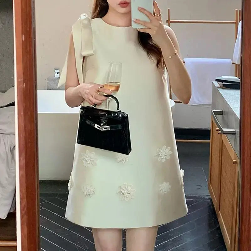 Elegant Korean Flower Bow Sleeveless Mini Dress For Women