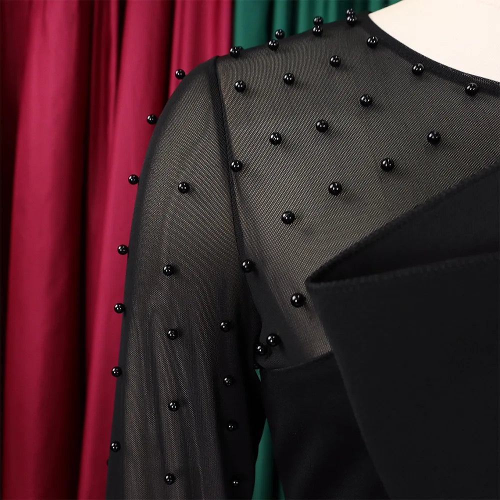 Elegant High Waisted Jumpsuit for Women with Round Neck Beaded Detail and Transparent Sleeves Perfect for Birthday Parties and Special Occasions