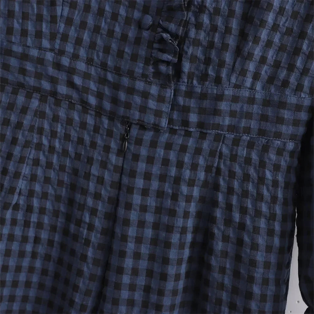 Women's Slim Fit Plaid Jumpsuit with Lace Collar Long Sleeves Casual Elegant Office Wear