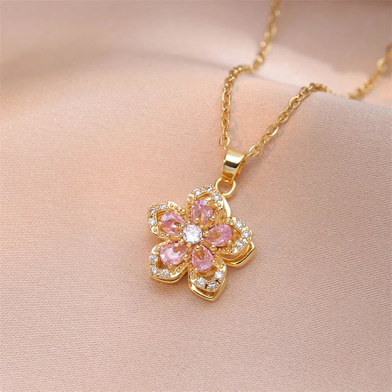 Gold Plated Shiny Zircon Flower Pendant Necklace for Women Elegant Choker Jewelry for Weddings and Parties