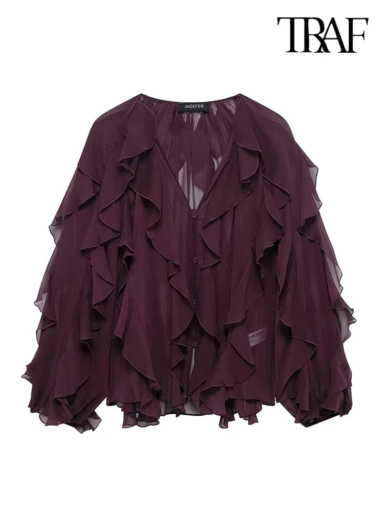 Elegant Solid Color Multi-Layered Ruffle V-Neck Sheer Long Sleeve Loose Blouse for Women