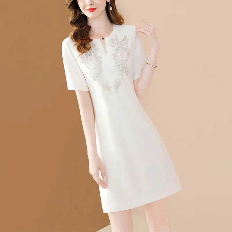 White Floral Embroidery A-Line Dress Short Sleeve Chic