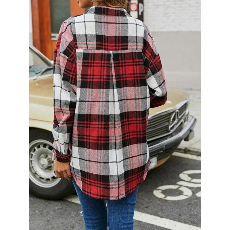 Korean Style Long-Sleeved Plaid Women's Shirt with Pockets Pleated Loose Fit High-End Fashion Top
